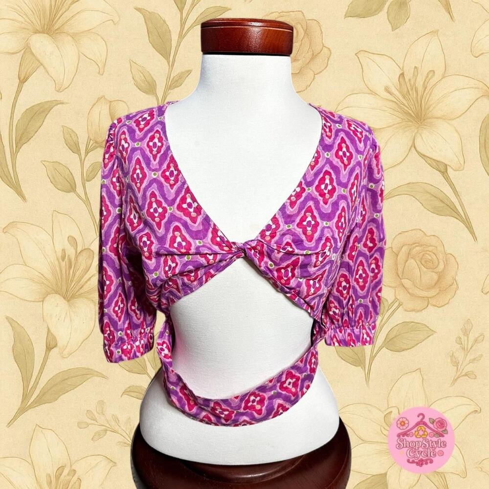 Banjanan Pink Ikat Cut-Out Crop Top 100% Cotton Size M Boho Indie Festival